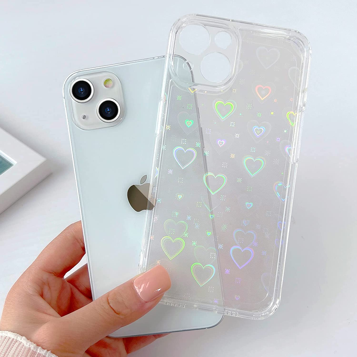 iPhone 13 Hybrid Hülle TPU Bumper   Laser Hologramm Glitzer Herze - Transparent