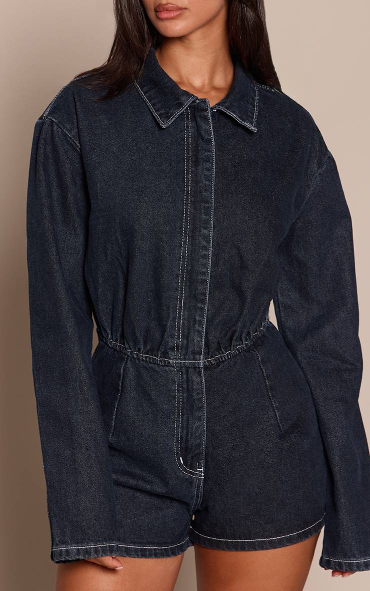 Bleu Indigo Combinaison-short Petite En Denim Brut Indigo À Manches Longues