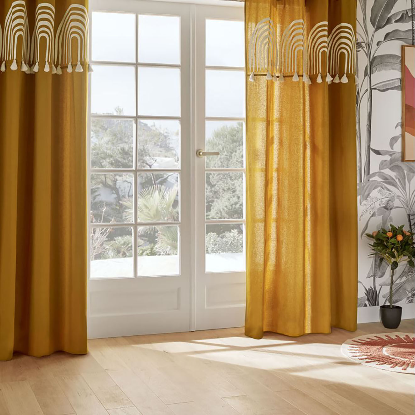 Atmosphera 2 Rideaux pompons Soleya moutarde - 140x260 cm