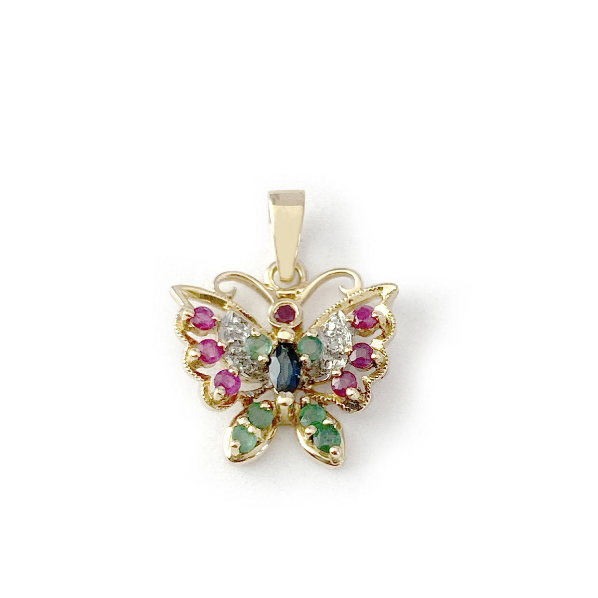 Pendentif d'occasion or 750 jaune 2 tons diamants rubis émeraudes saphir