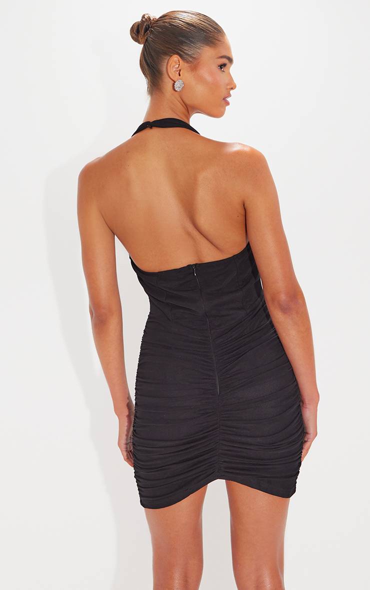 Noir Robe Moulante Courte À Col Licou Avec Corset Froncé En Mesh Extrême