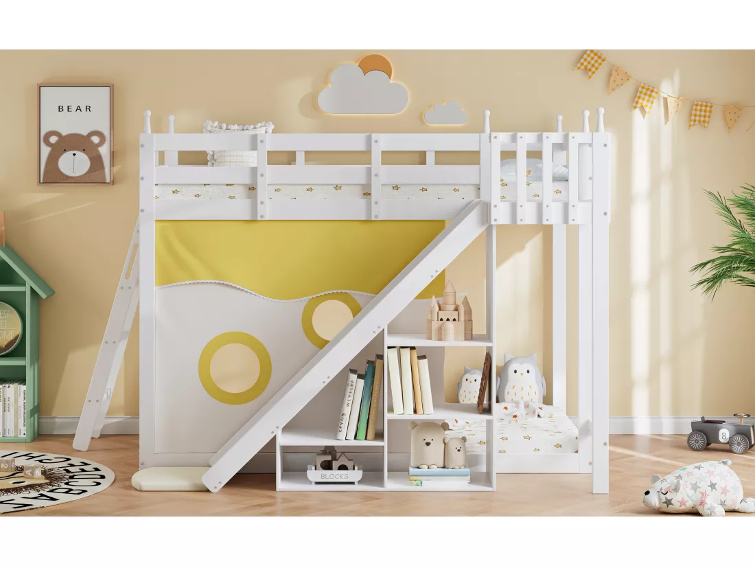 Lits superposés 2 x 90 x 200 cm avec étagères de rangement, toboggan & rideau de lit - pin + MDF - blanc (sans matelas)