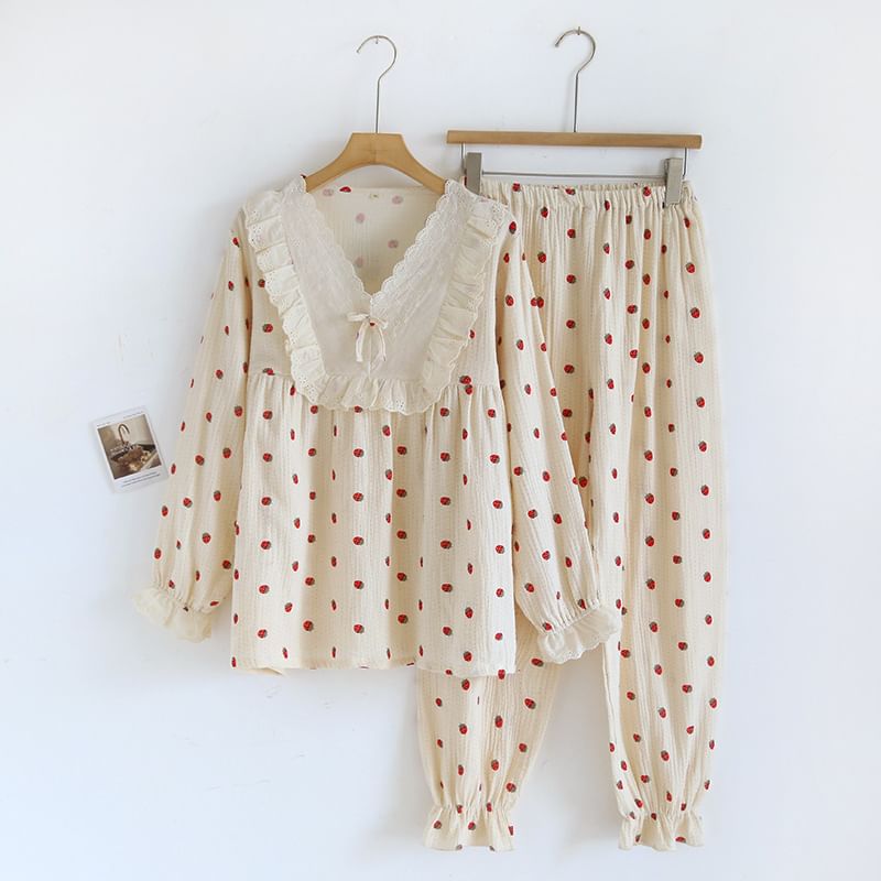 molpes - Pyjamaset: top met lange mouwen, kanten rand en strik + broek