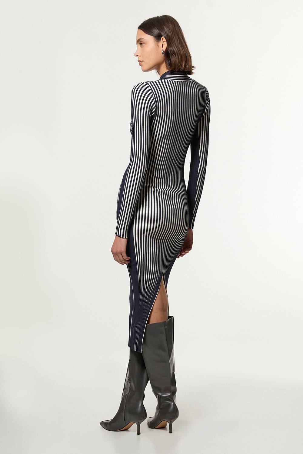 KarenMillen Robe Mi-Longue Tricotée Ajustée à Manches Longues Rayée Petite Taille