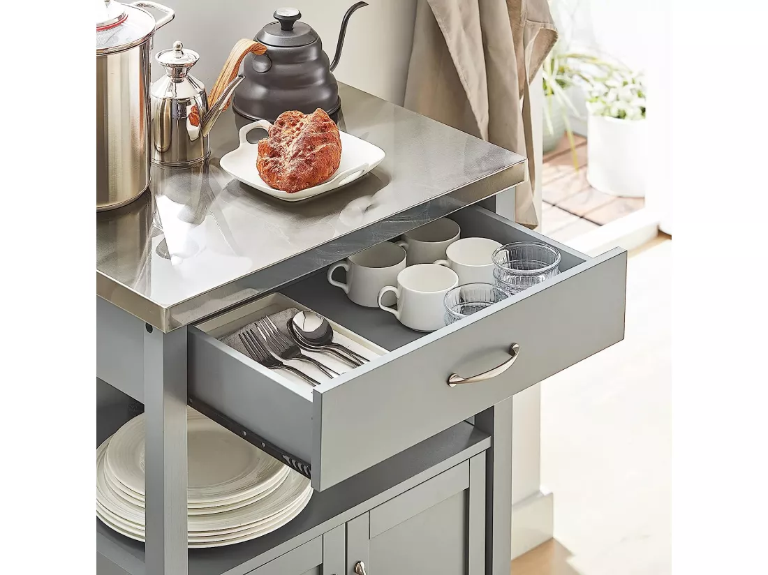 Desserte De Cuisine Roulante, Meuble De Rangement À Roulettes Plateau En Acier Inox, Fkw22-hg