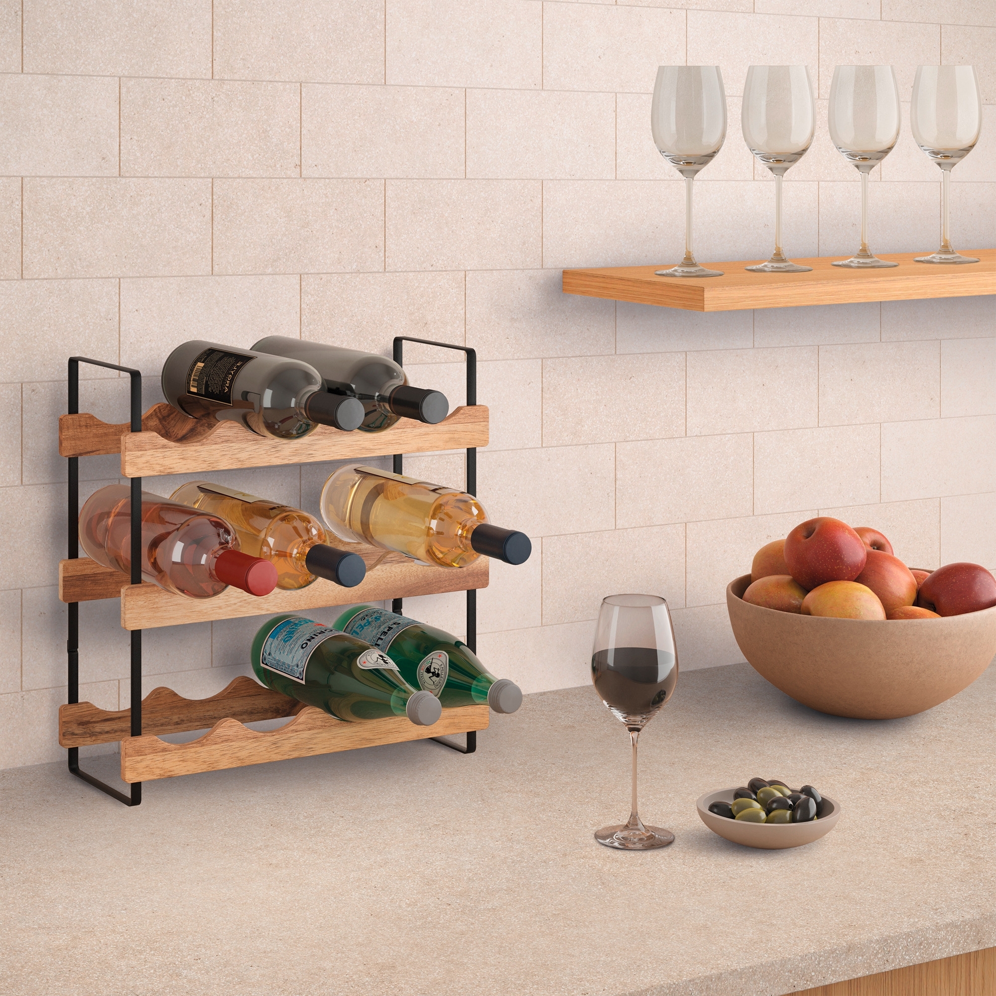 Metaltex York LAVA Flaschenregal 3-Etagen aus Akazienholz 39 x 15 x 36 cm