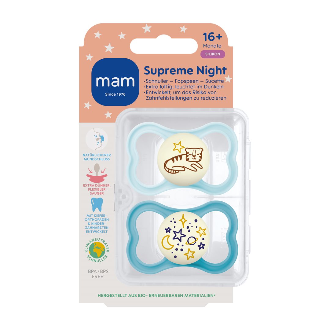 MAM Supreme Night Nuggi<br>2 Stück, Silikon 16-36 Monate