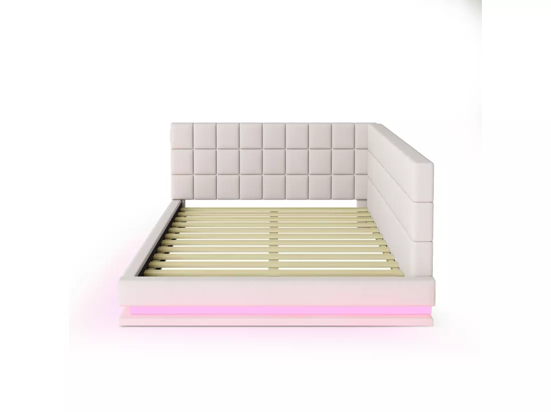 Lit banquette rembourré en velours 140x200cm - avec LED et prise USB - Beige