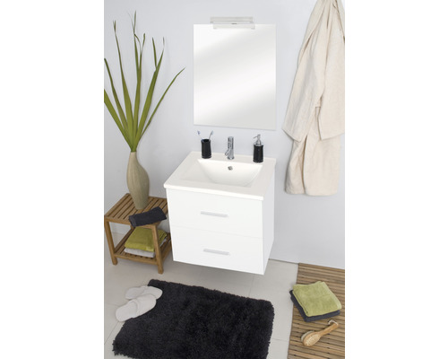 Badkamermeubelset Differnz Luka 60 x 170 x 48 cm, frontkleur wit hoogglans, wastafel wit en wastafelspiegel met LED-verlichting, badmeubel