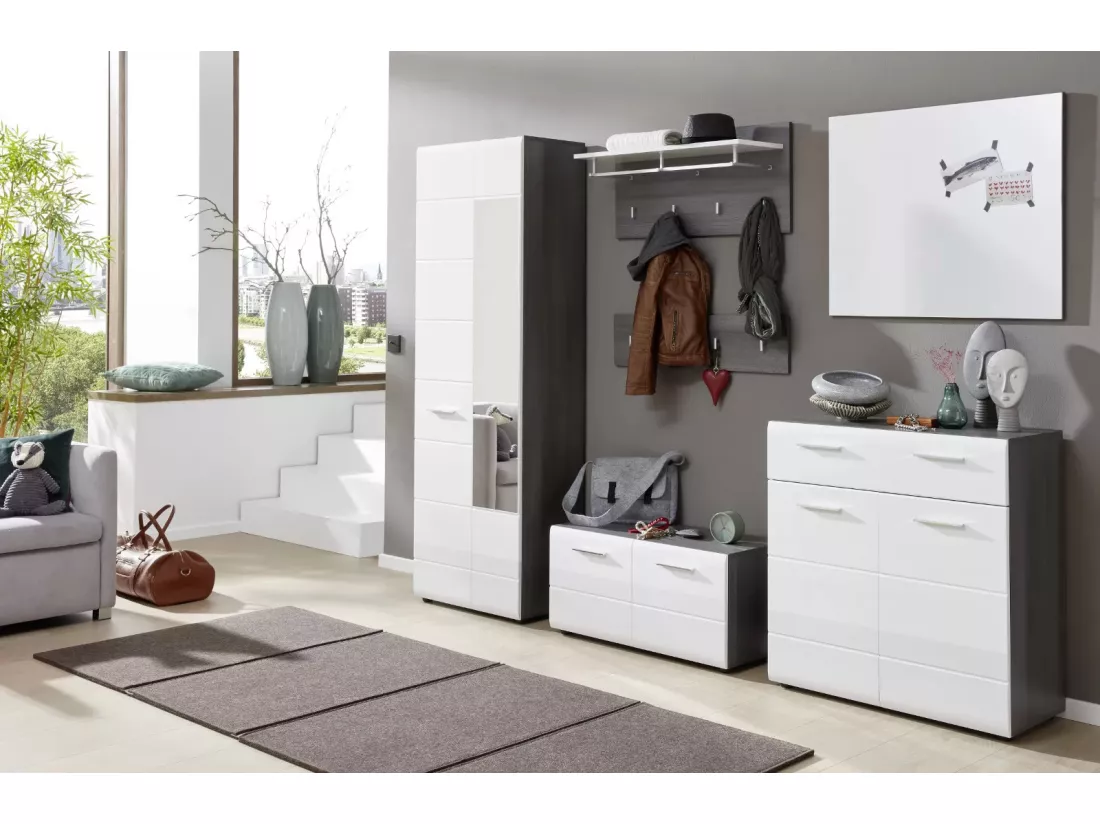 Armoire de rangement 2 portes mélaminé blanc et gris avec miroir Bezzi