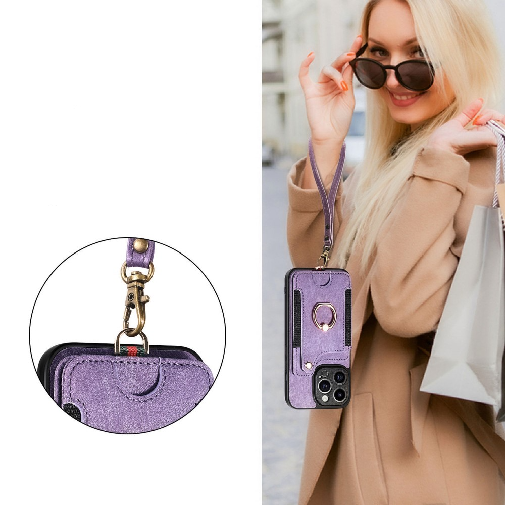 iPhone 14 Pro Necklace Leder Hülle mit Kartenfächer   Finger Griff Halterung   Handykette (RFID Schutz) - Lila