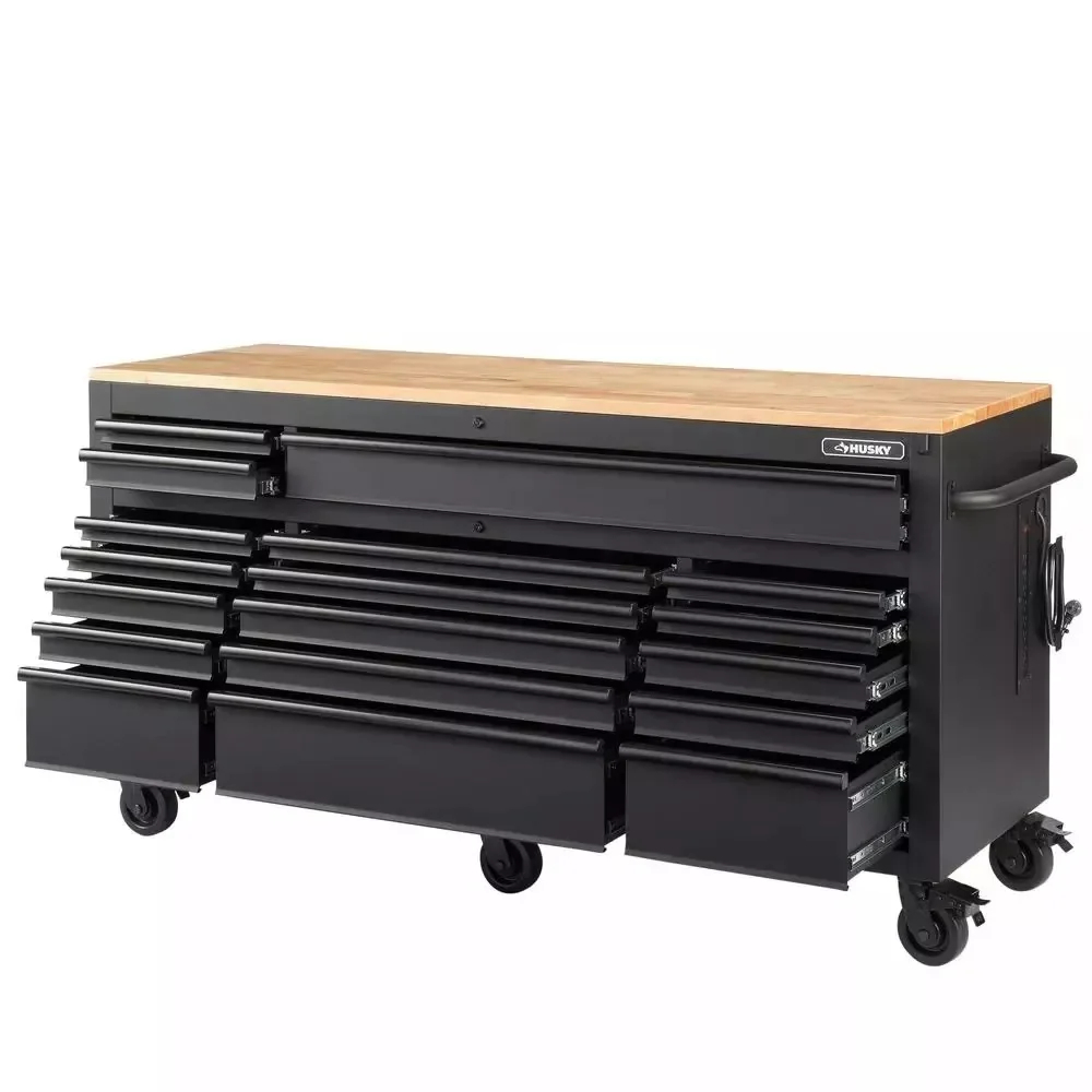 Heavy duty 72 in. W 18 Drawer Deep Tool Box Mobile Workbench in Matte Black with Adjustable Height Hardwood Top
