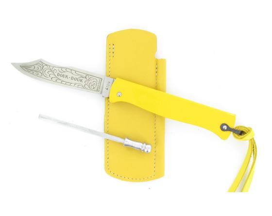 Douk Douk 200 Inox - Manche Acier Couleur JAUNE - GAINE CUIR Couteau de poche Le Thiers par Cognet Douk Douk