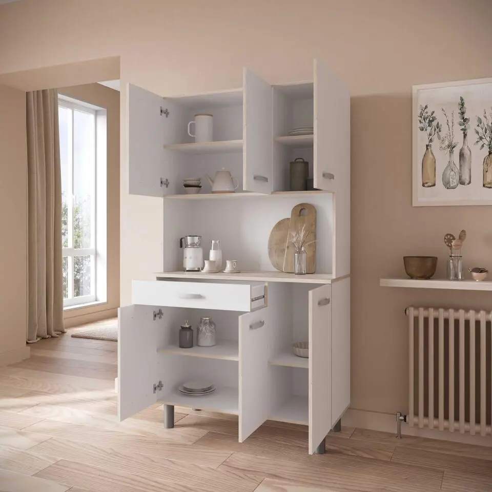 Buffetkast Pavel 185cm hoog - mat wit/acacia met werkblad
