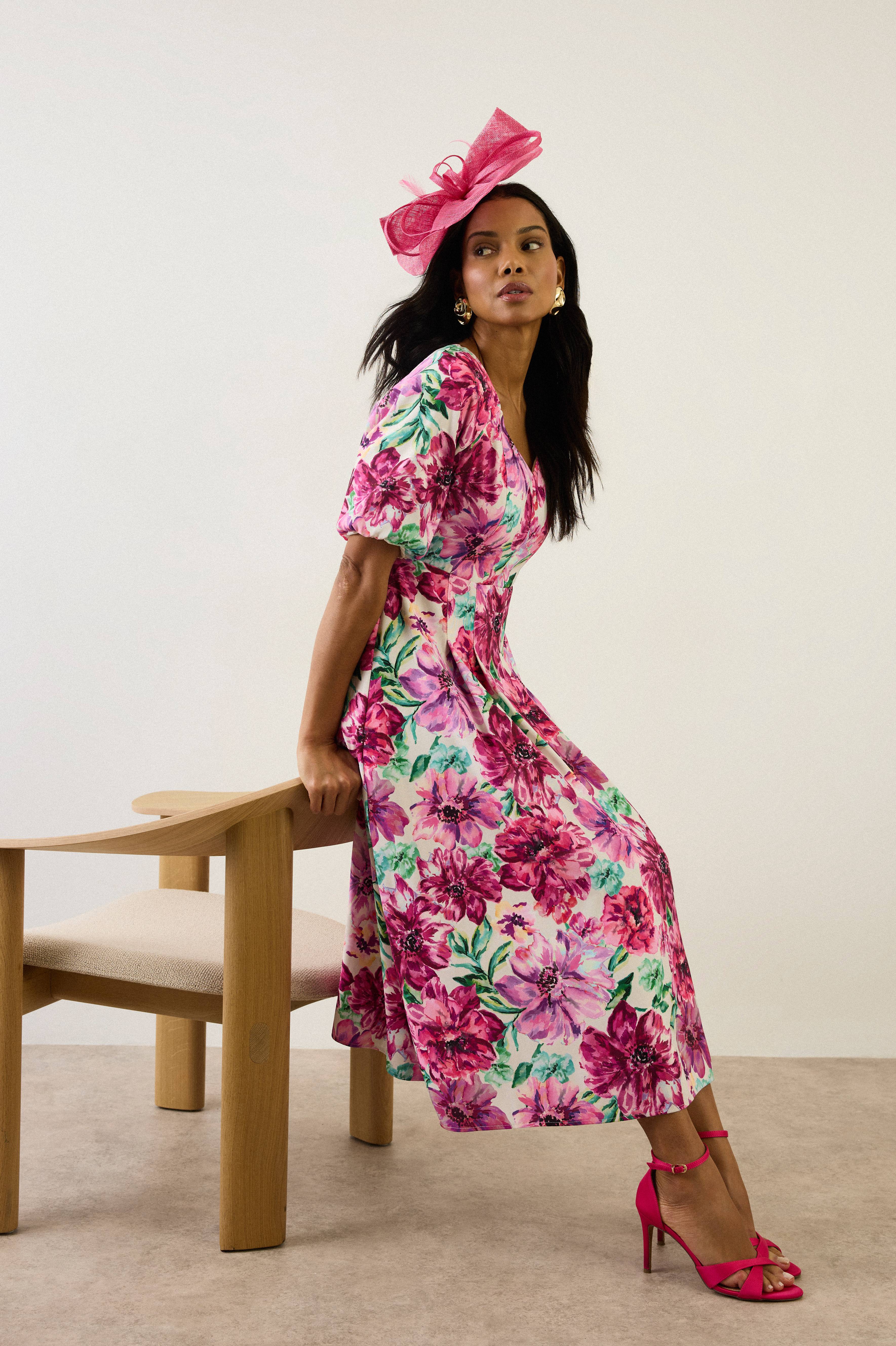 Wallis Robe Midi À Manches Bouffantes En Sergé Ottoman À Motif Floral