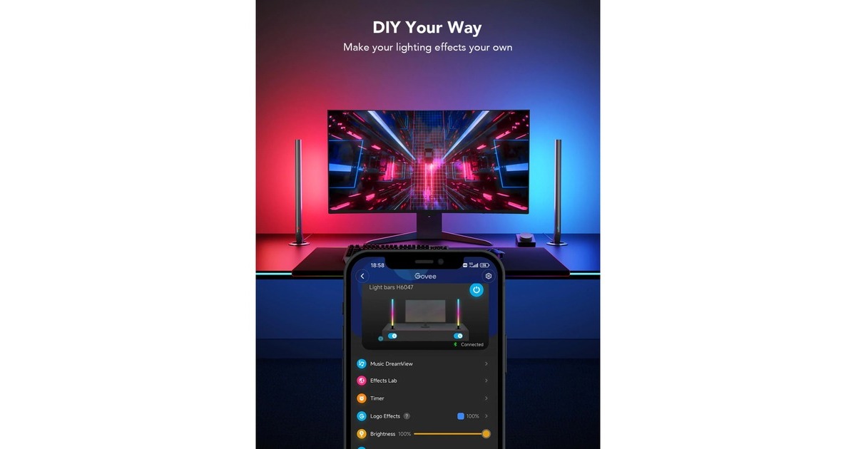 GoveeH6047 RGBIC WIFI Gaming Light bars met smart controller sfeerverlichting  (RGBIC, Wifi)