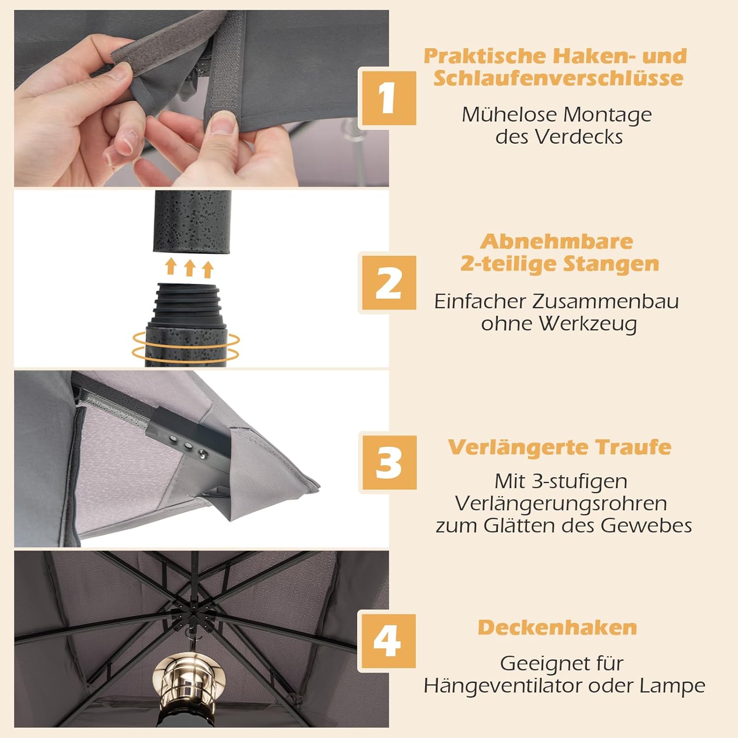 COSTWAY Pavillon 3 x 3 m, Gartenpavillon mit 4 Sandsäcken & 4 Moskitonetz & Doppeldach, Wasserdicht & Stabil & Winterfest, Gartenzelt inkl. Haken, Partyzelt für Terrasse Garten (Grau)