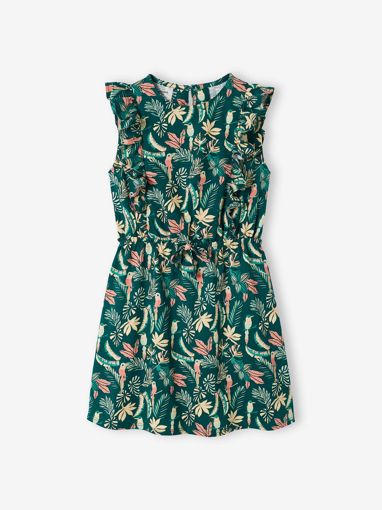 Vestido estampado com babados, para meninas, estampa verde escura