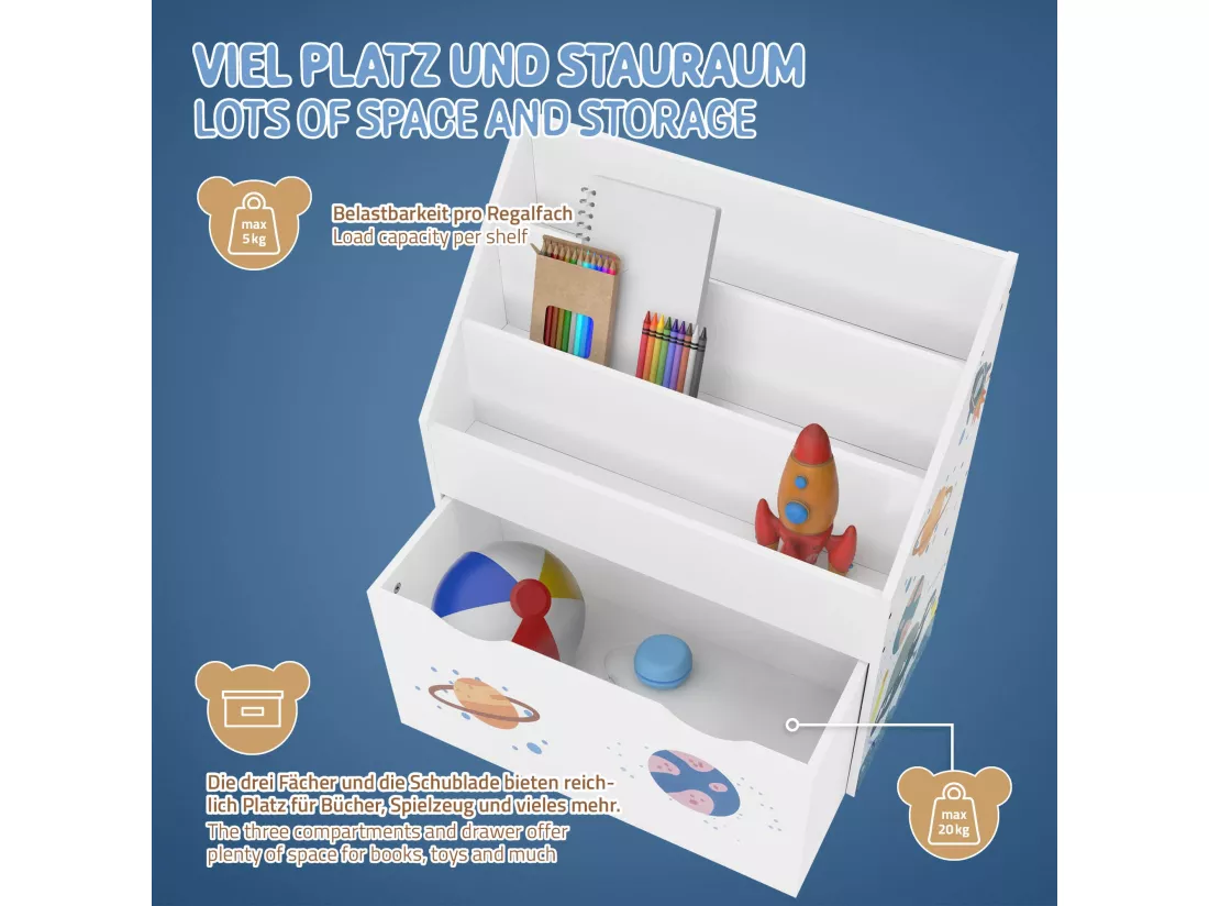 Joyz Banc de livres 3 compartiments sur roulettes étagère jouets chambre enfant