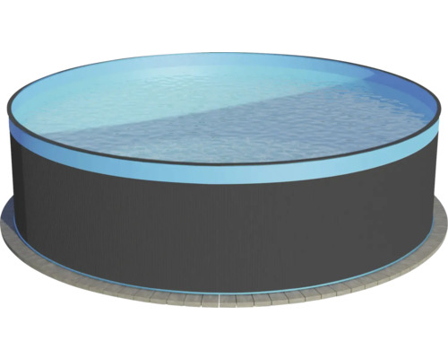 Opbouwzwembadset van staalwand Planet Pool rond Ø 350x90 cm incl. zandfiltersysteem, skimmer, filterzand & trap antraciet met blauwe overlappingsliner