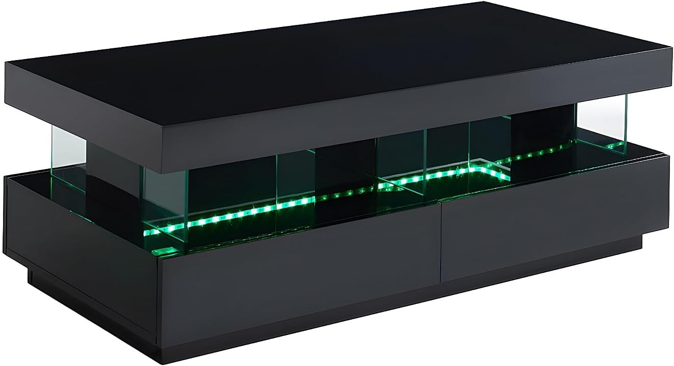 Vente-unique-Couchtisch mit 2 Schubladen + 2 Ablagen + LEDs - MDF lackiert - Schwarz - Fabio