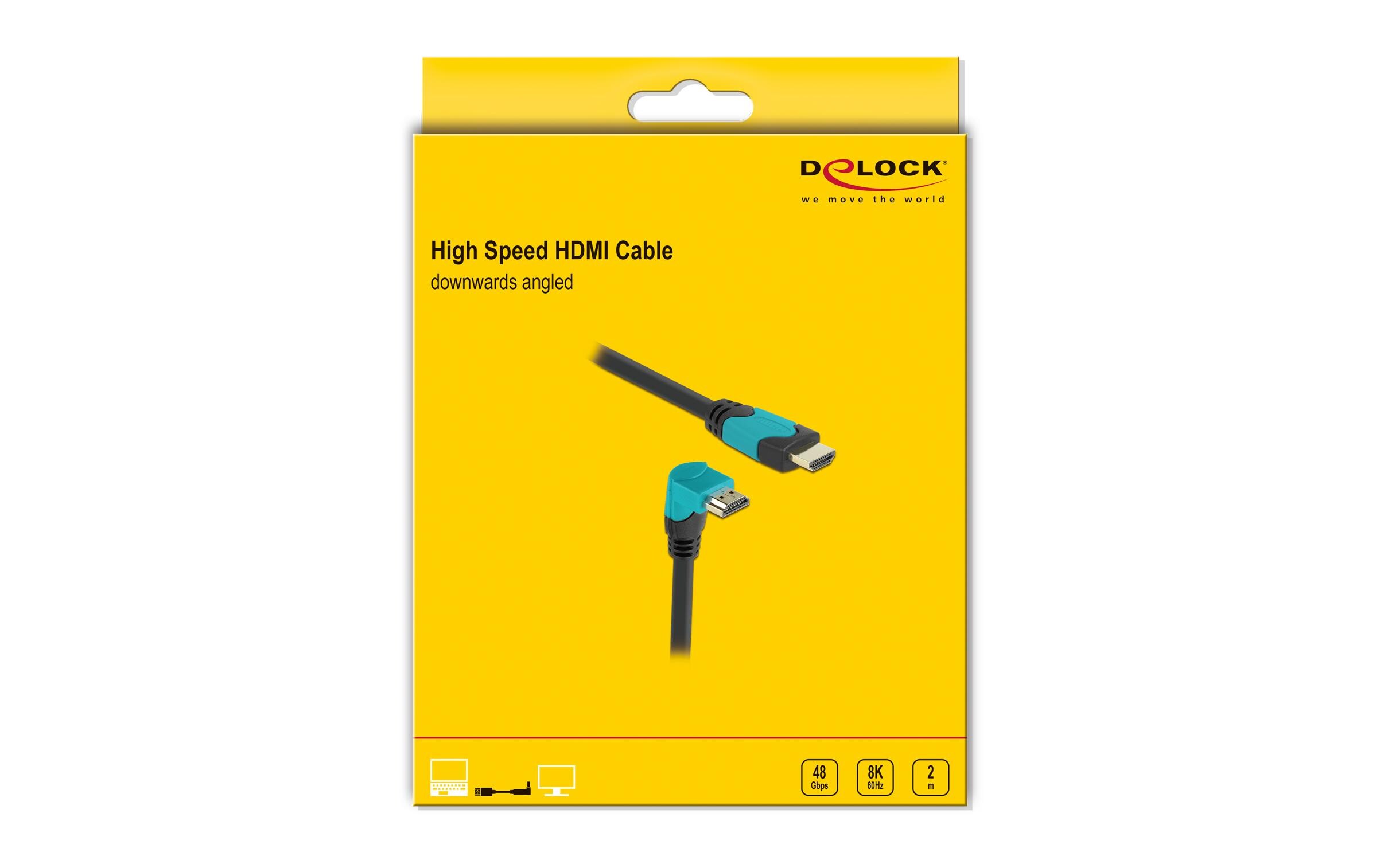 Kabel Unten gewinkelt 8K 60Hz HDMI - HDMI, 2 mDelock High Speed HDMI Kabel Stecker gerade zu Stecker 90° unten gewinkelt 48 Gbps 8K 60 Hz 2 m