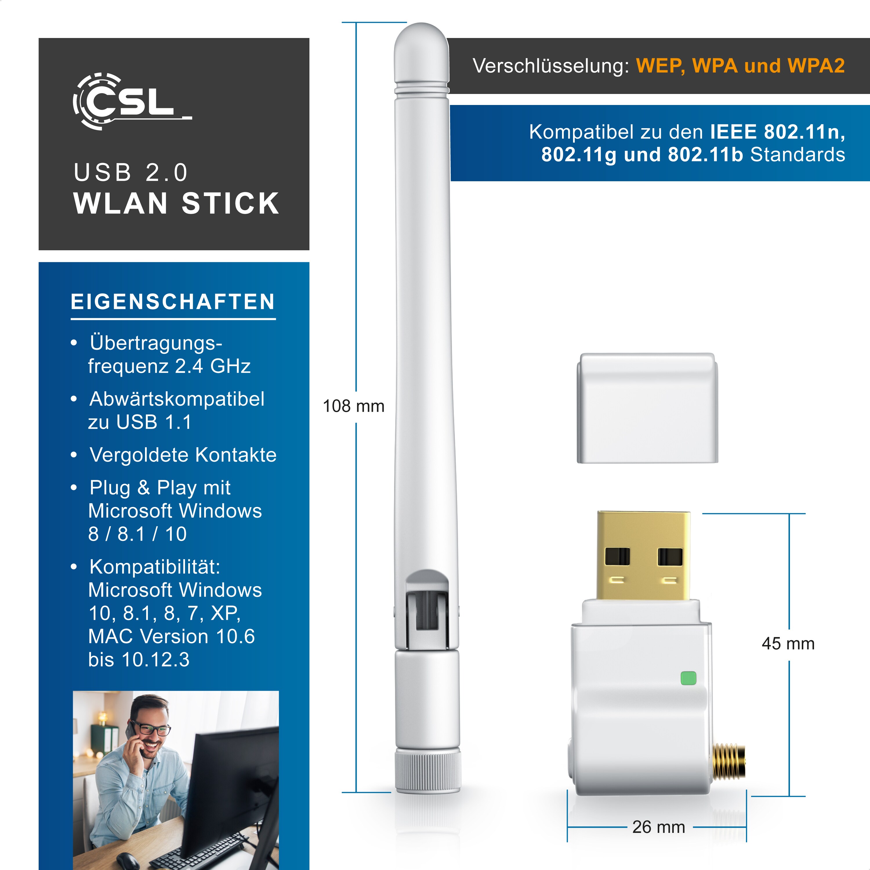 CSL - WLAN-Dongle, WLAN Stick, 300 Mbit/s, mit abnehmbarer Antenne, USB 2.0 Stick