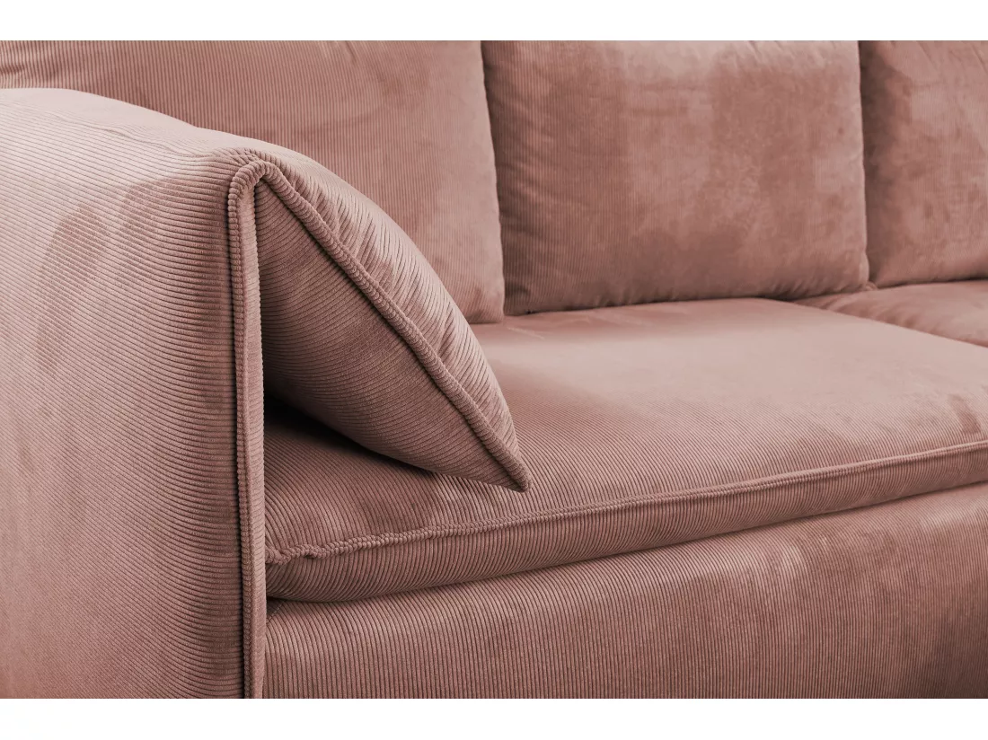 Canapé d'angle droit convertible en velours côtelé rose TEODORA