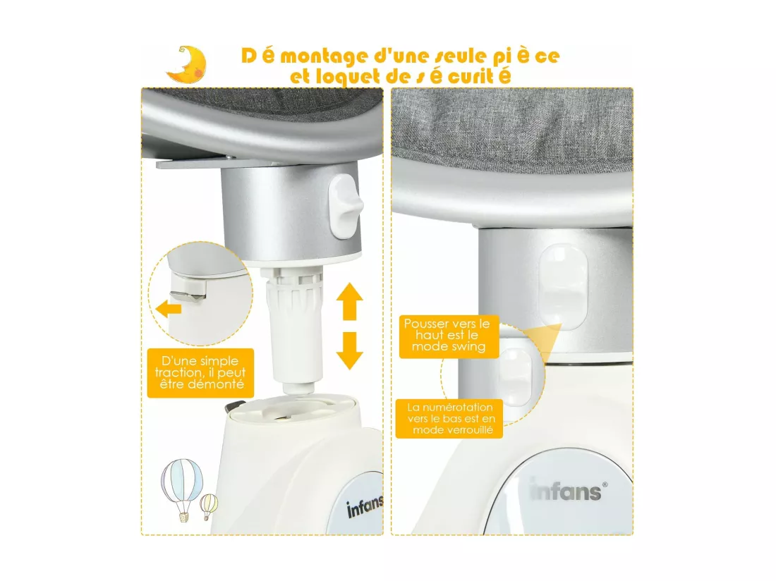 Transat Bébé Électrique avec 5 Amplitudes/Balancelle Bébé 0-6 Mois Télécommandé avec Musique, 2 Jouets, Harnais à 5 Points, Minuterie 15-60 Min, Charge 9KG-Gris