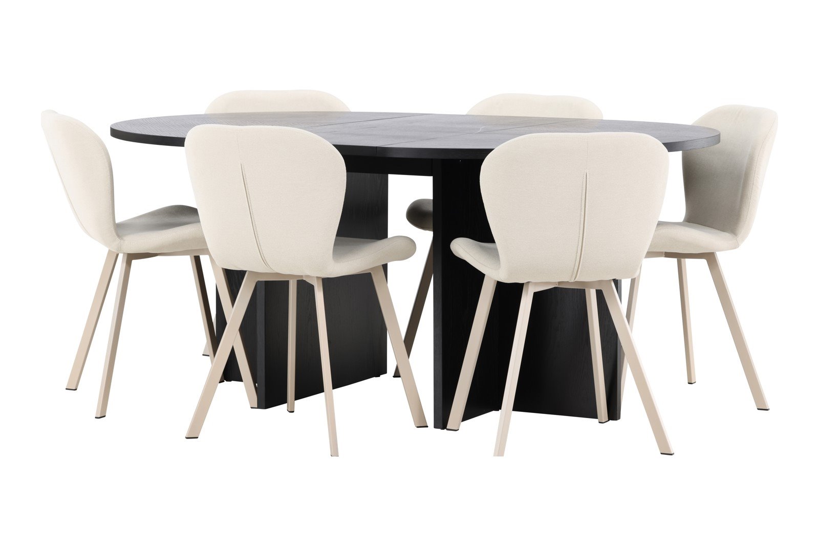Strada og Lilja Spisegruppe Strada rundt spisebord ø120cm i sort med 6 stk.Lilja spisestoler i Beige og hvite ben. Kan bli 170 cm ved bruk av tilhørende ileggsplater.