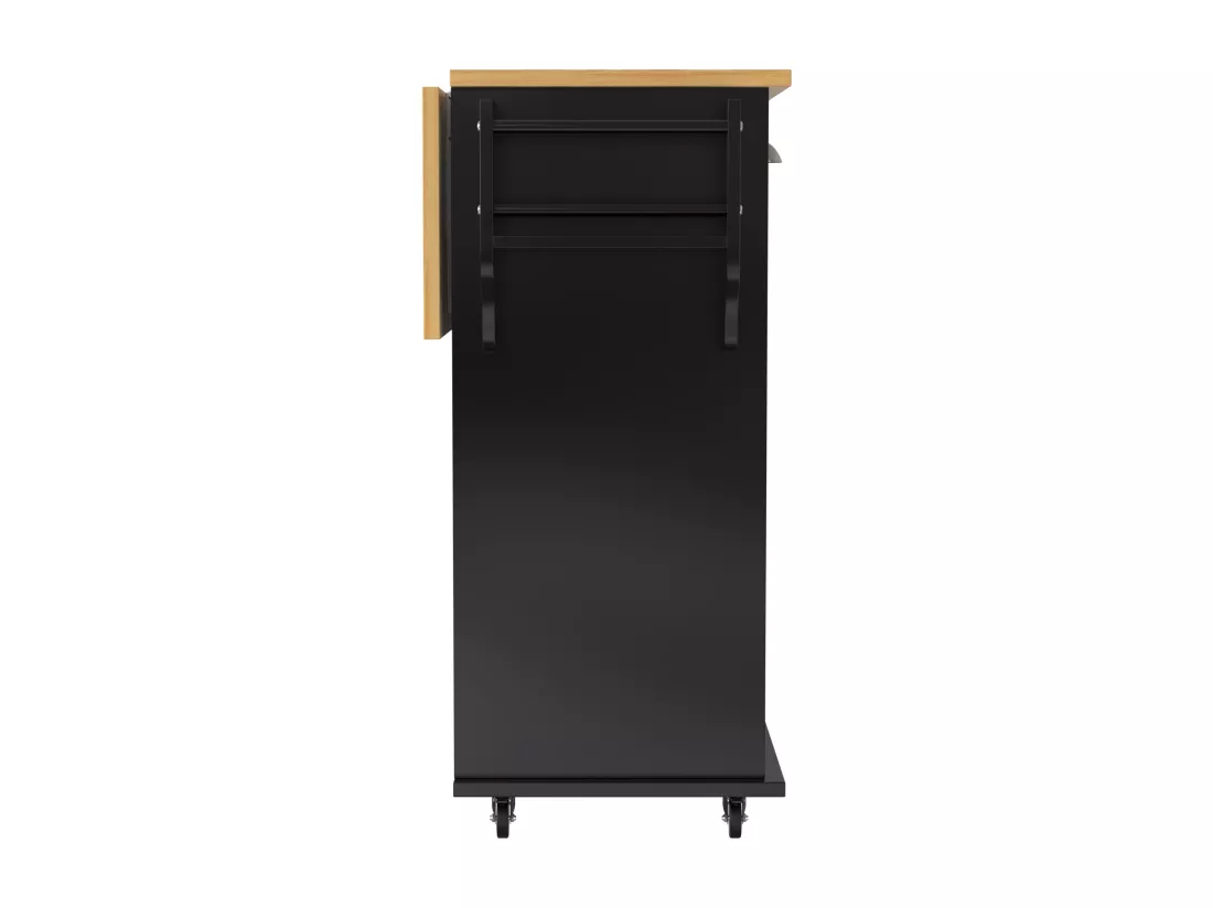 Ilot central de cuisine mobile avec 2 portes coulissantes - plateau extensible - 112x40(70)x94 cm - Bois MDF + métal - Noir et bois