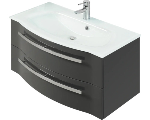 3-delige badkamermeubelset Pelipal xpressline 4005 BxHxD 92 x 200 x 49,1 cm, fronten hoogglans grijs, met witte glazen wastafel en glazen wastafelmeubel, wastafelkast, spiegelkast met LED-verlichting, chromen greep, 992.0900112 9920900112