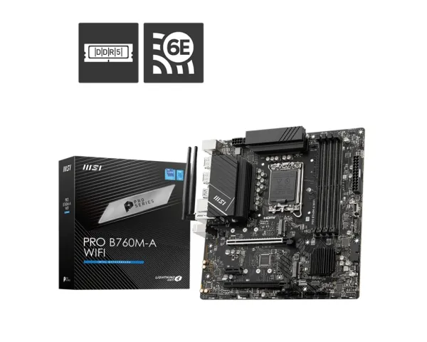 MSI PRO B760M-A WIFI DDR4 - Bundkort - micro ATX - LGA1700 sokkel - B760 Chipset - USB 3.2 Gen 2, USB 3.2 Gen 1, USB-C 3.2 Gen 1 - 2.5 Gigabit LAN, Wi-Fi 6E, Bluetooth - onboard grafik (CPU påkrævet) - HD Audio (8-kanaler)