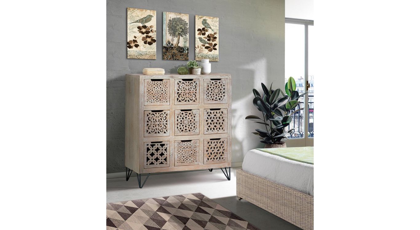 Commode 9 tiroirs bois, fer marron 88x38x102cm - bois-fer