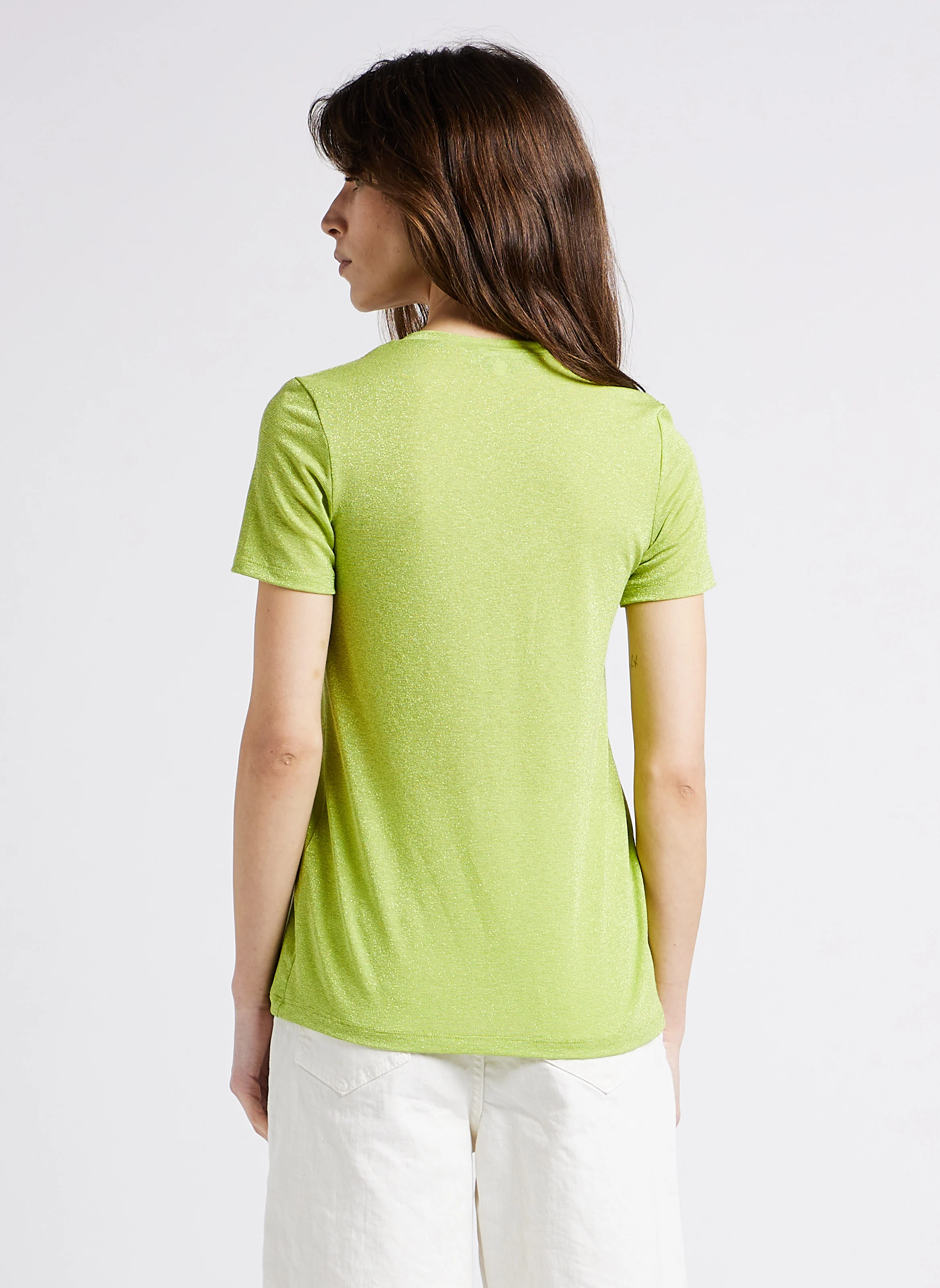 T-shirt col V en fibres métallisées | Vert