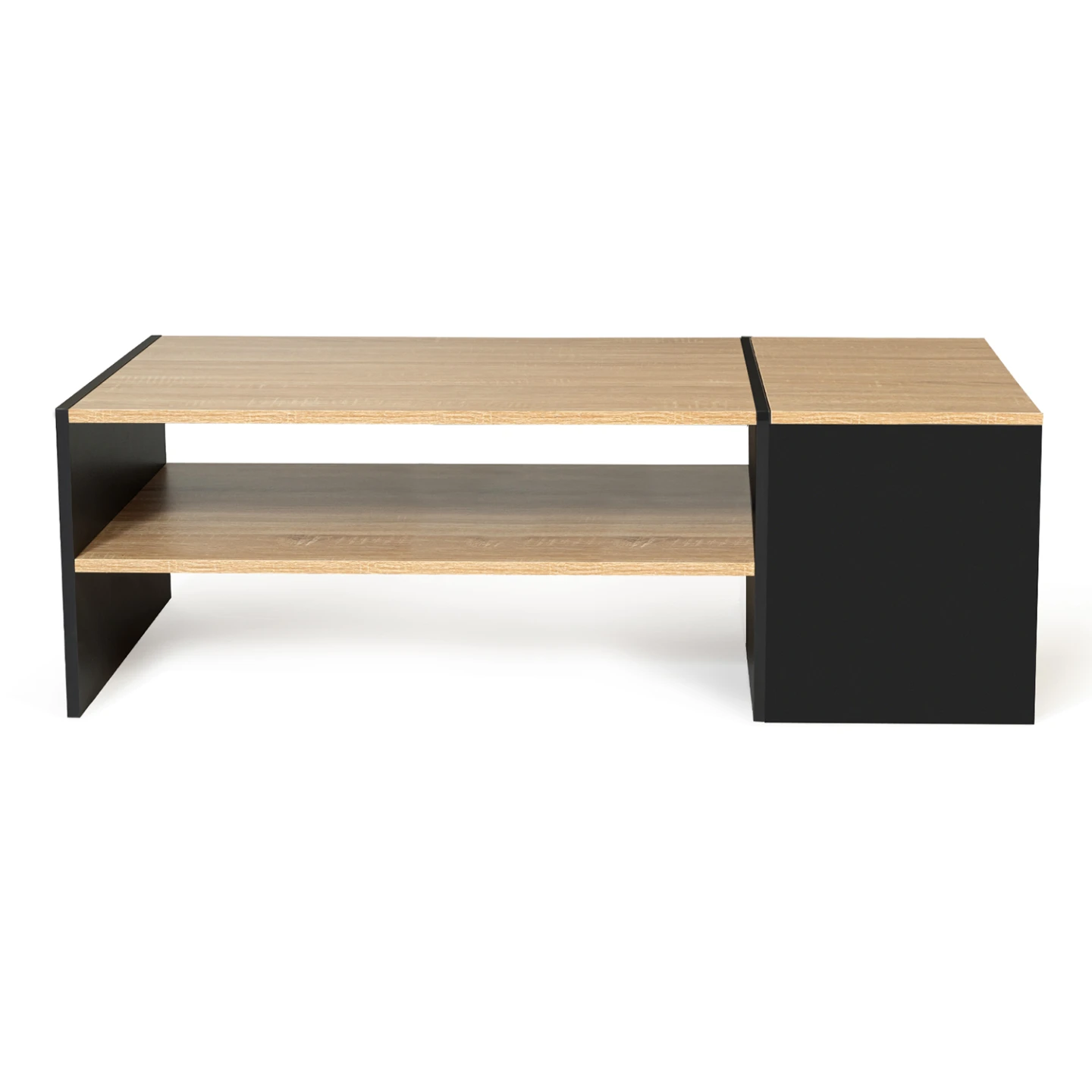 Table basse bar contemporaine rectangulaire IZIA avec coffre noir et plateaux bois