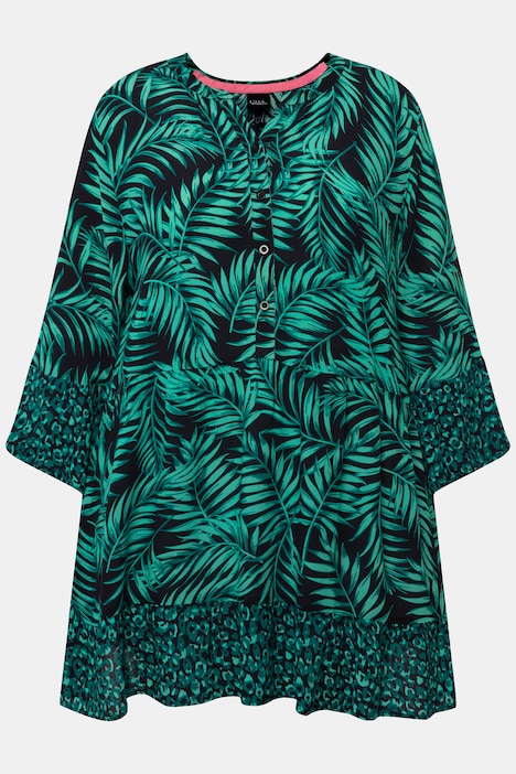 Longbluse, Palmen, A-Linie, Tunika-Ausschnitt, Halbarm