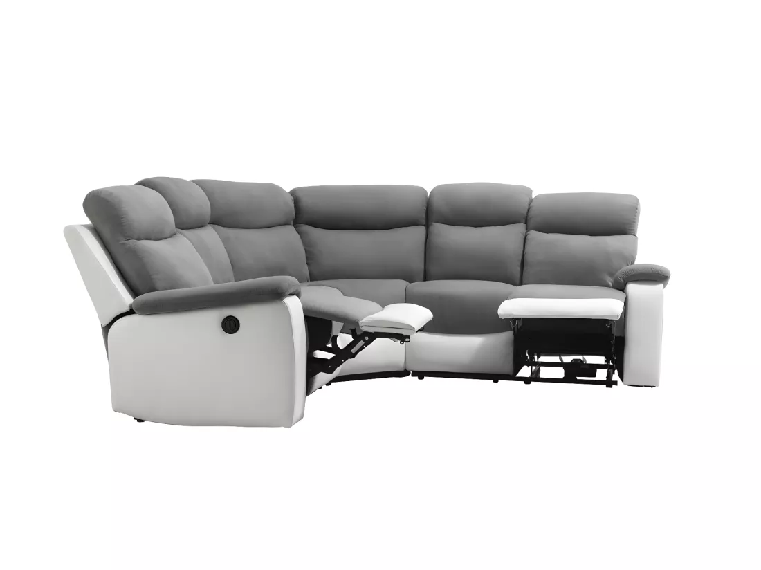 Canapé de relaxation électrique panoramique Oscar 6 places en microfibre et simili - Gris / Blanc - L238 x P238 x H99cm - Loungitude