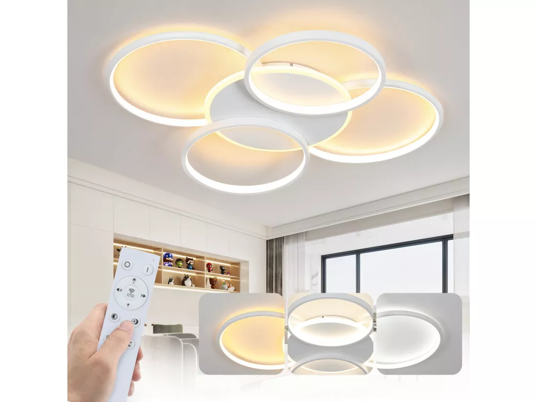 NETTLIFE Plafonnier LED Salon Dimmable 70W avec télécommande 5 anneaux Blanc Moderne Acrylique Dimmable