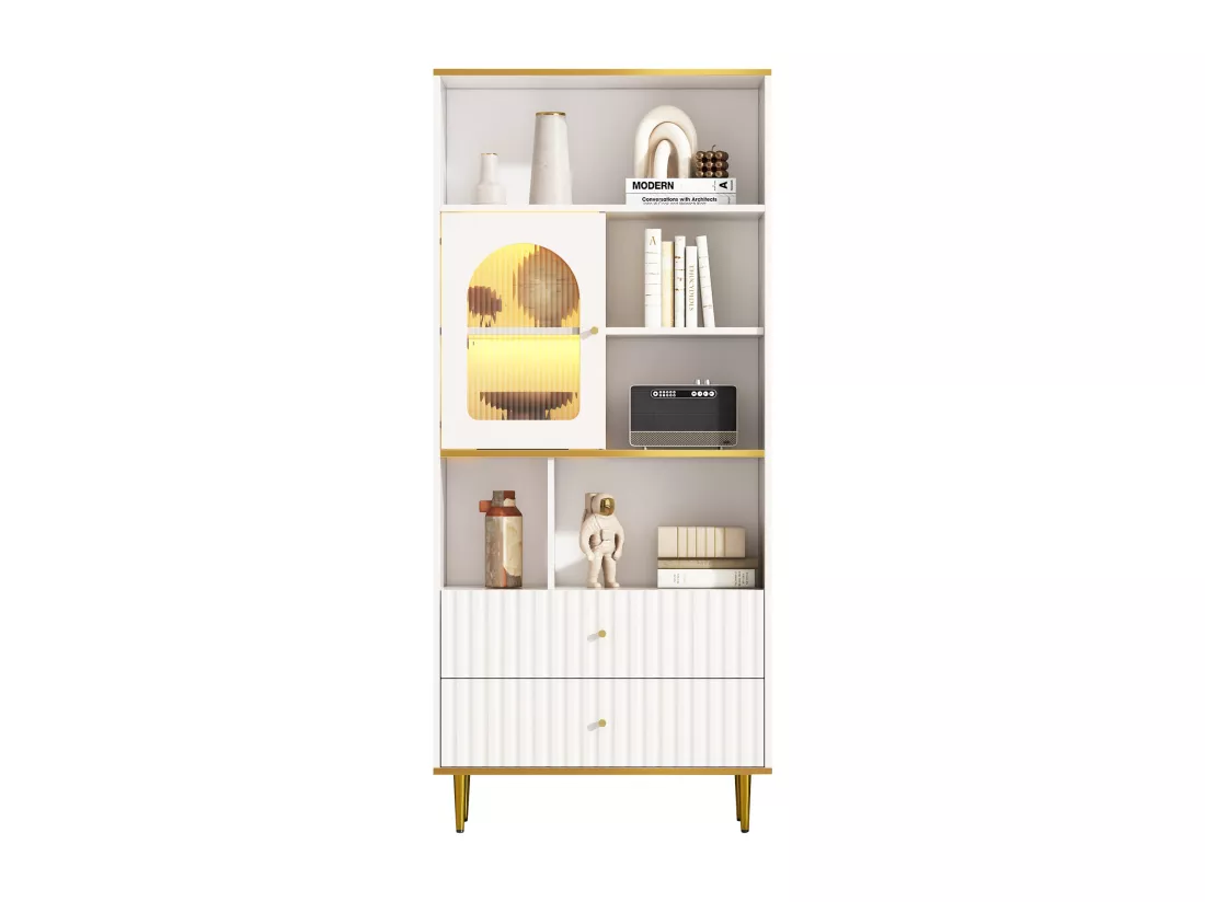 Vitrine avec 2 tiroirs, 1 porte et compartiments ouverts - 78 x 36 x 190 cm - LEDs - Panneaux de particules - Blanc