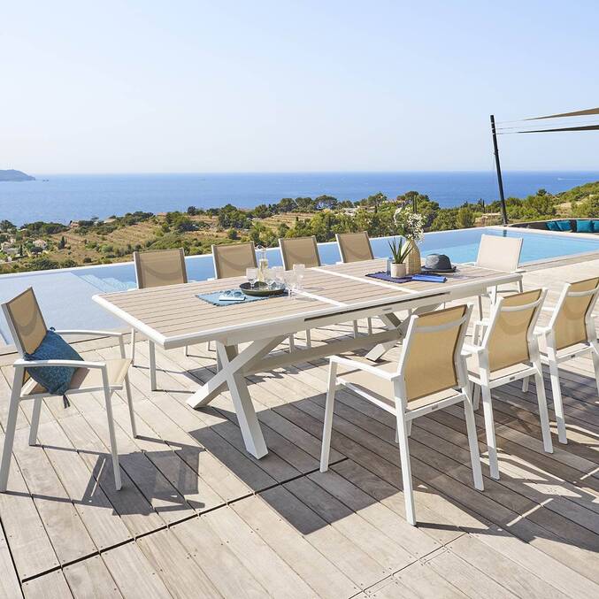 Table de jardin extensible AXIOME Effet bois Lin & Blanc
