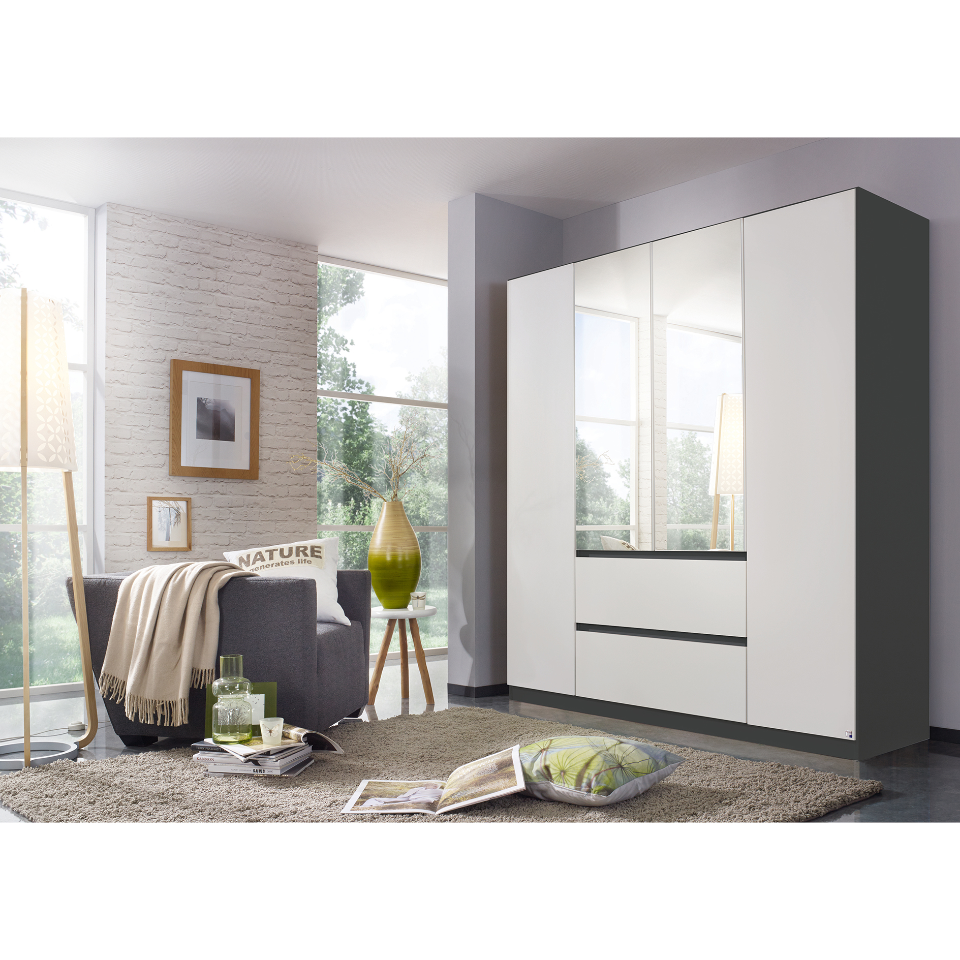 Drehtürenschrank - alpinweiß - grau metallic - 181 cm