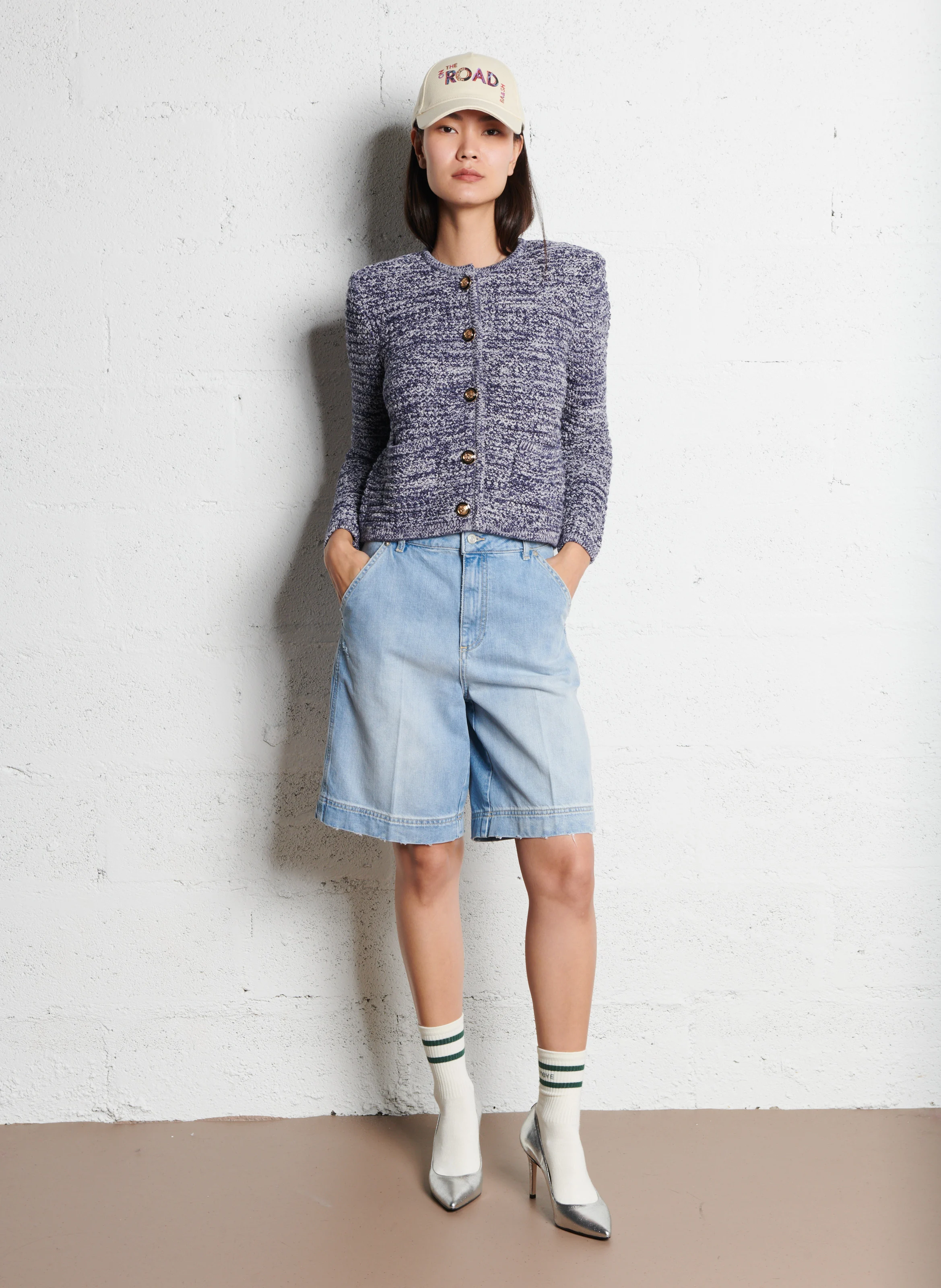 GUSPA - Gilet droit col rond en coton mélangé | Bleu