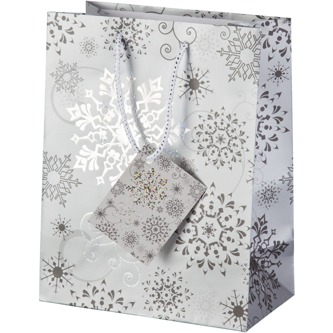 Geschenktasche - silber - Schneeflocken - 26 x 32,5 x 12,5 cm