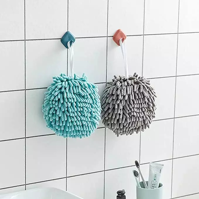 (6-tlg. Set) Flauschiger Mikrofaser Handtuch Ball inkl. Wandhaken - Grau / Weiss / Blau