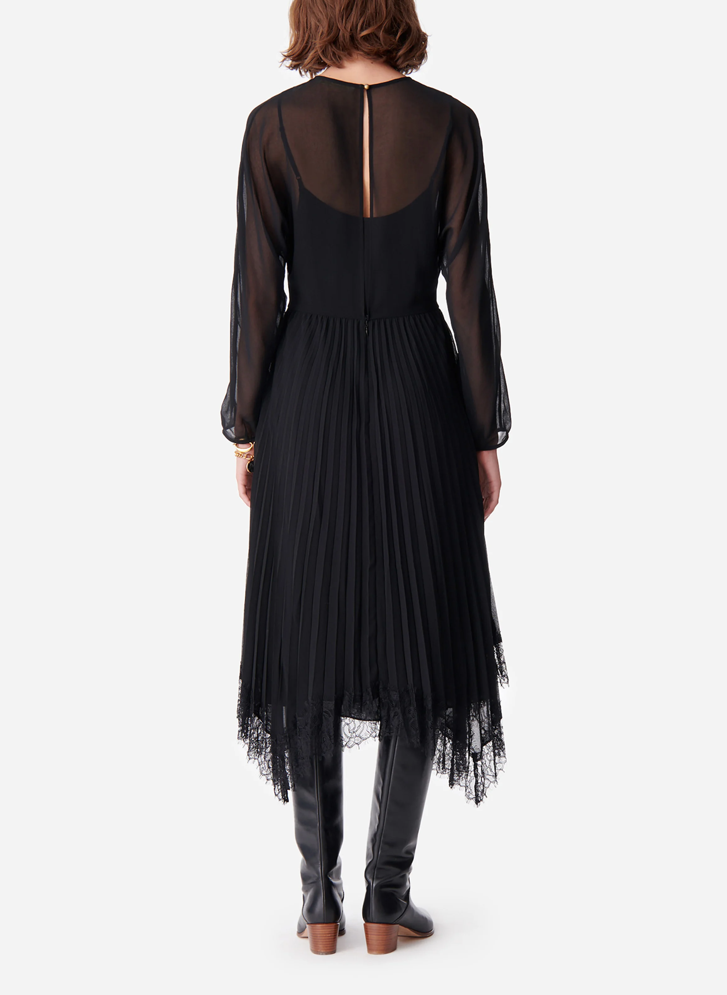 DIAMA - Robe midi plissée à dentelle| Noir