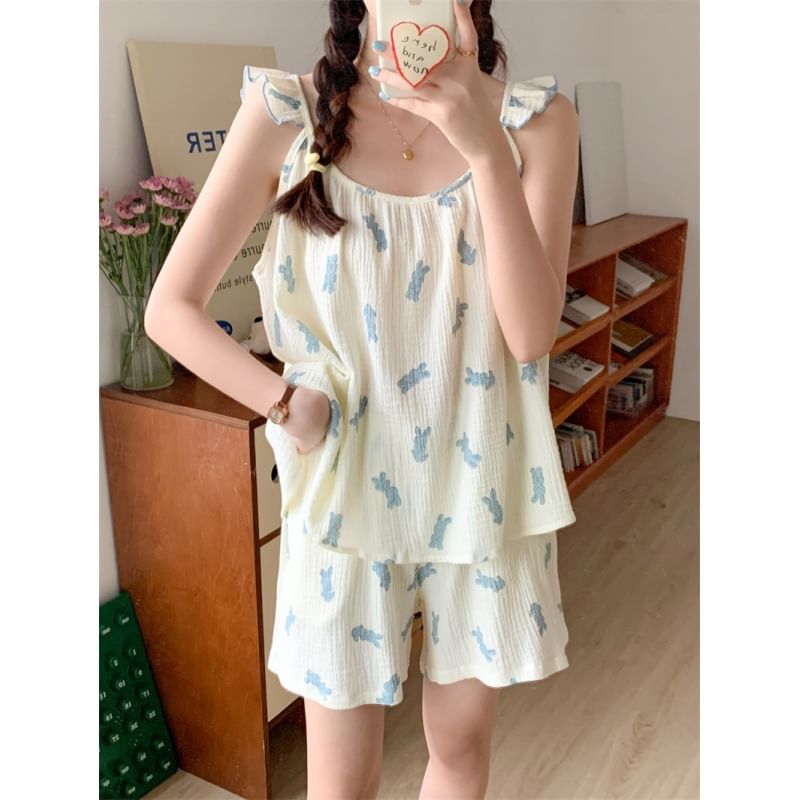 Tanee - Koppel bijpassende pyjamatop met korte mouwen en print / shorts / camisole top / set
