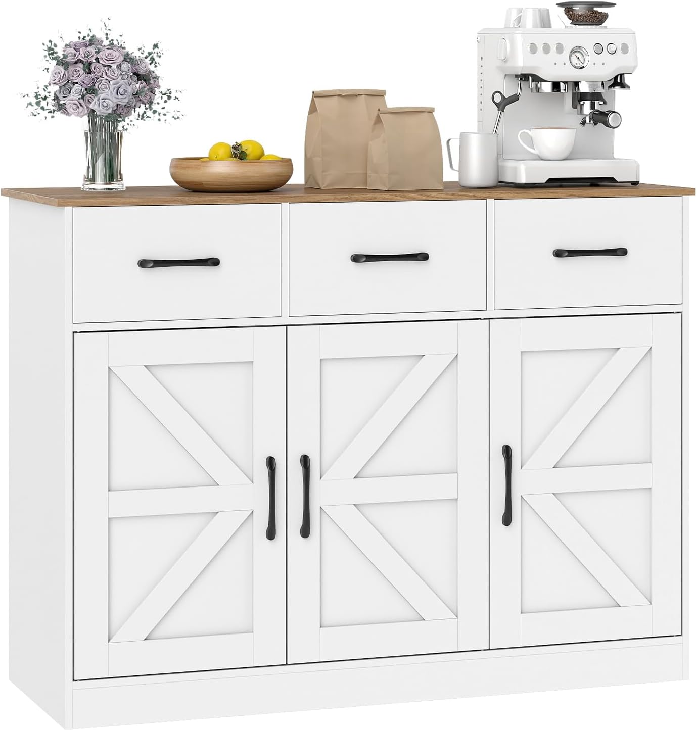COSTWAY Sideboard, Küchenschrank mit 3 Schubladen, 3 Türen, Arbeitsplatte & verstellbaren Regalen, Buffetschrank Küchenbuffet, Aufbewahrungsschrank für Küche, Esszimmer & Wohnzimmer, Holz (Weiß)