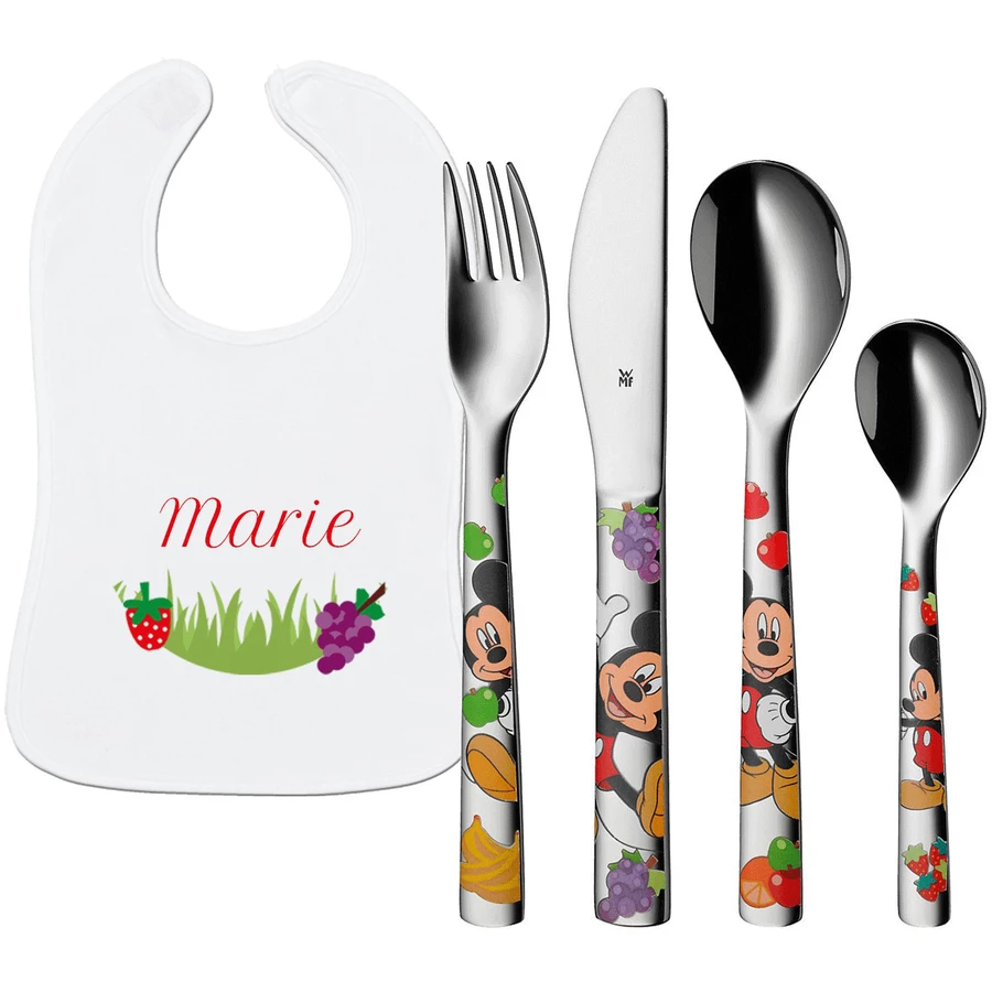 Schnullireich Geschenkset mit Namen WMF Kinderbesteck Mickey Mouse + Lätzchen mit Namen Silber