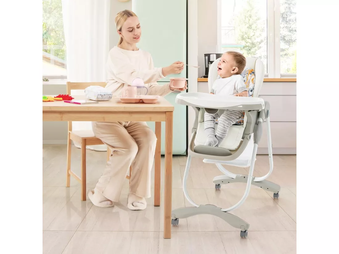 Chaise Haute Bébé Convertible, Chaise Portable pour Tout-Petits avec Double Plateau, Siège Enfant avec Hauteur/Dossier/Repose-Pieds Réglables, Roue Verrouillable, de 6 à 36 Mois (Blanc)